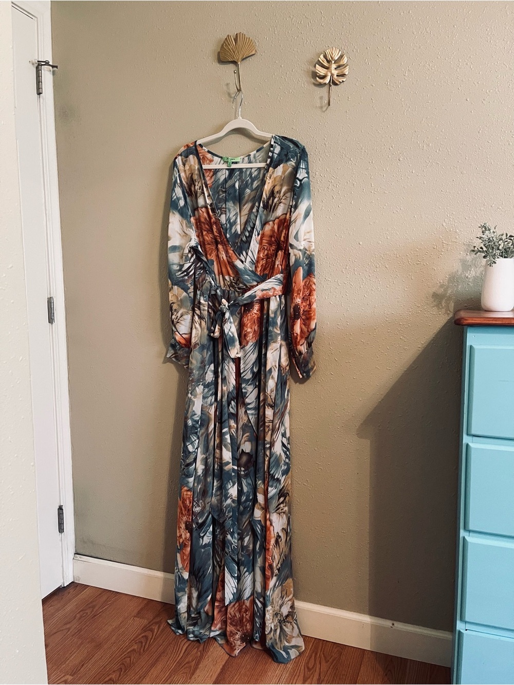 Xtaren Teal and Rust Floral Wrap Maxi Gown